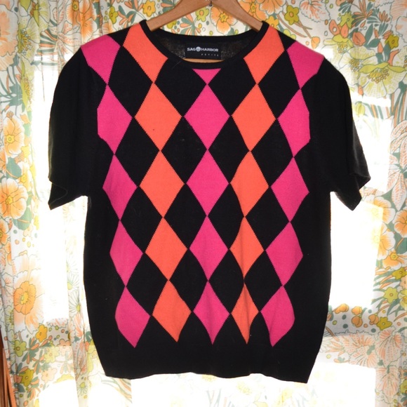 Vintage Sweaters - Sag Harbor Pink and Orange Gingham Sweater Tee